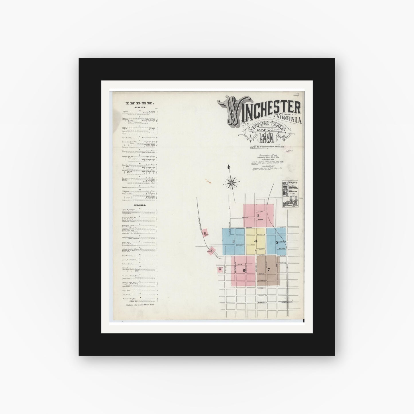 Old map wall art mockup — black gallery frame with white mat — Sanborn Fire Insurance Map from Winchester, Independent Cities, Virginia (1891) - Complete Map Set