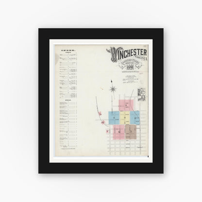 Old map wall art mockup — black gallery frame with white mat — Sanborn Fire Insurance Map from Winchester, Independent Cities, Virginia (1891) - Complete Map Set
