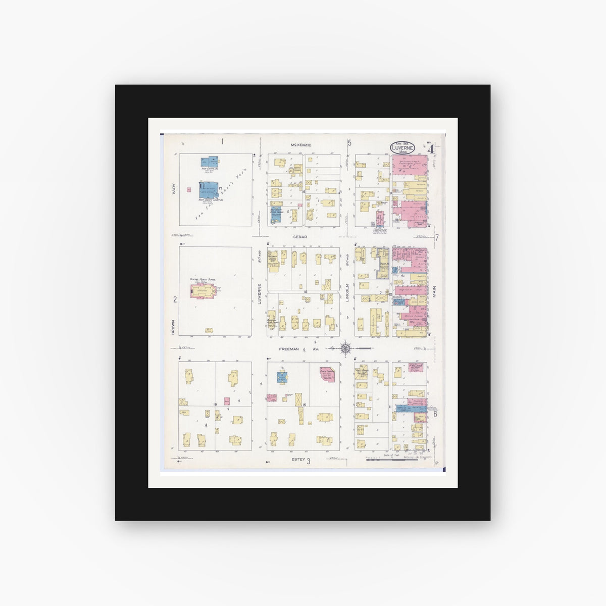 Old map wall art mockup — black gallery frame with white mat — Sanborn Fire Insurance Map from Luverne, Rock County, Minnesota (1913), Sheet #0004
