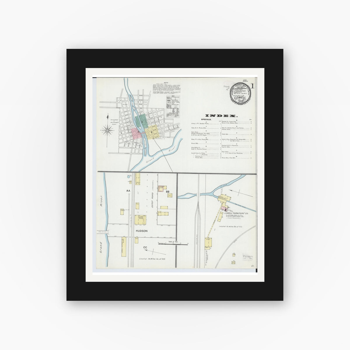 Old map wall art mockup — black gallery frame with white mat — Sanborn Fire Insurance Map from Lowell, Kent County, Michigan (1892), Sheet #0001