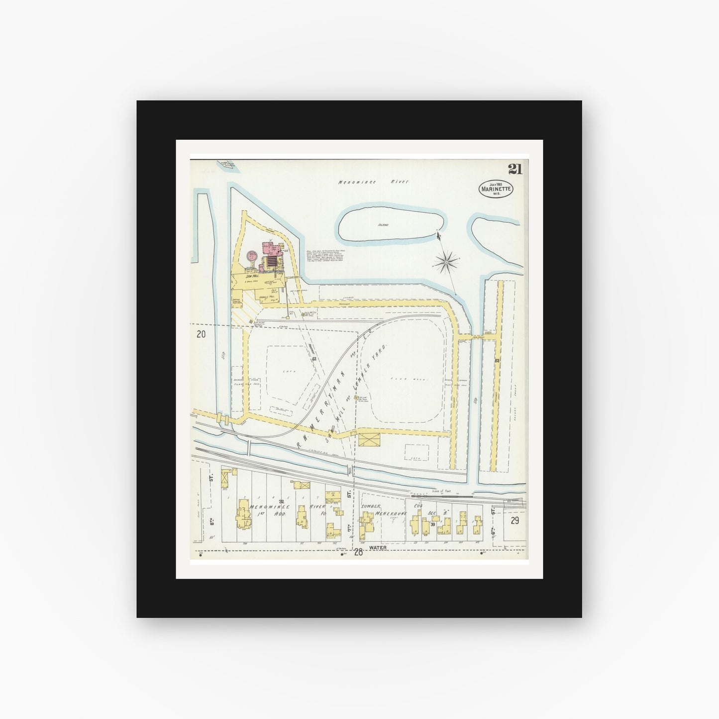 Old map wall art mockup — black gallery frame with white mat — Sanborn Fire Insurance Map from Marinette, Marinette County, Wisconsin (1901), Sheet #0021