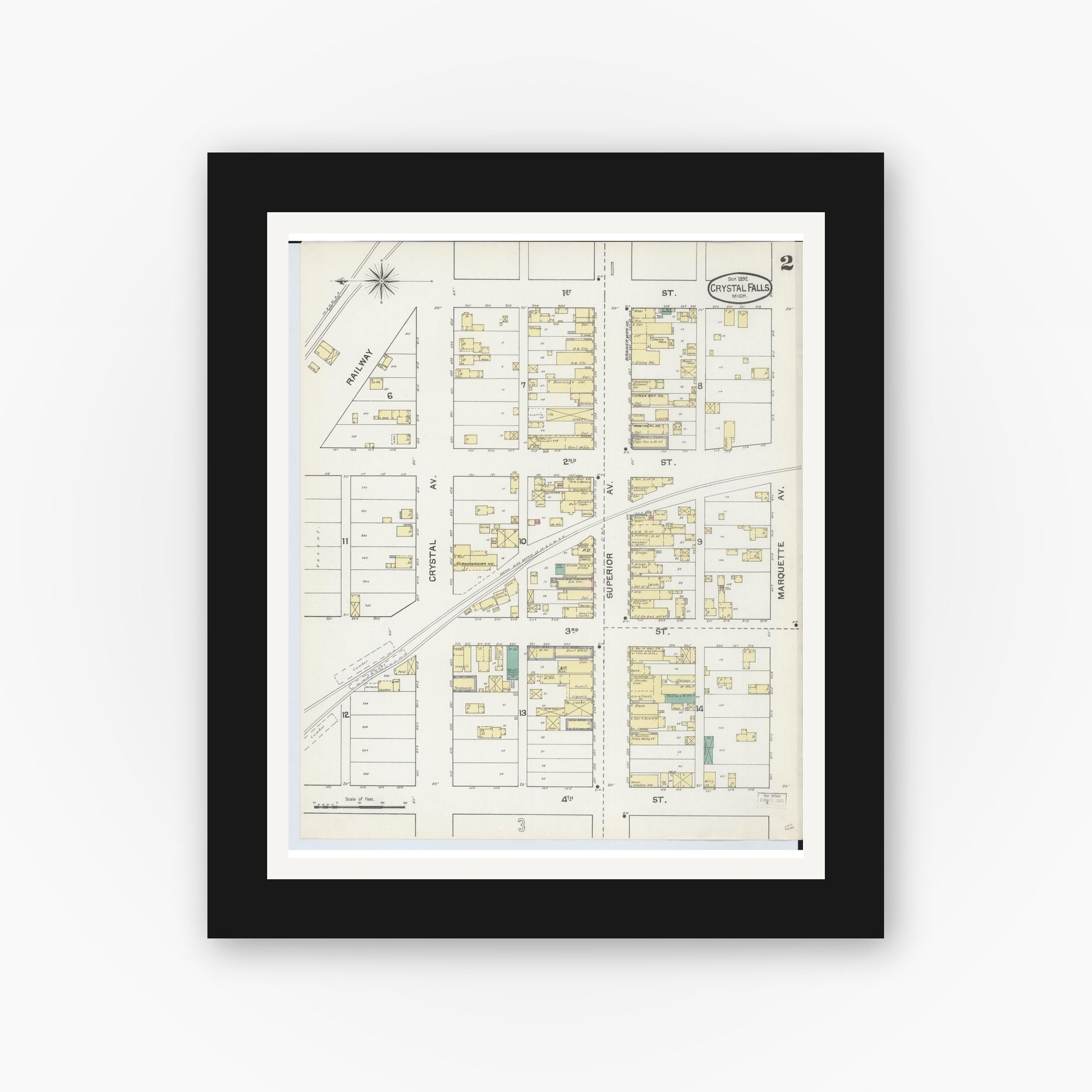 Old map wall art mockup — black gallery frame with white mat — Sanborn Fire Insurance Map from Crystal Falls, Iron County, Michigan (1892), Sheet #0002