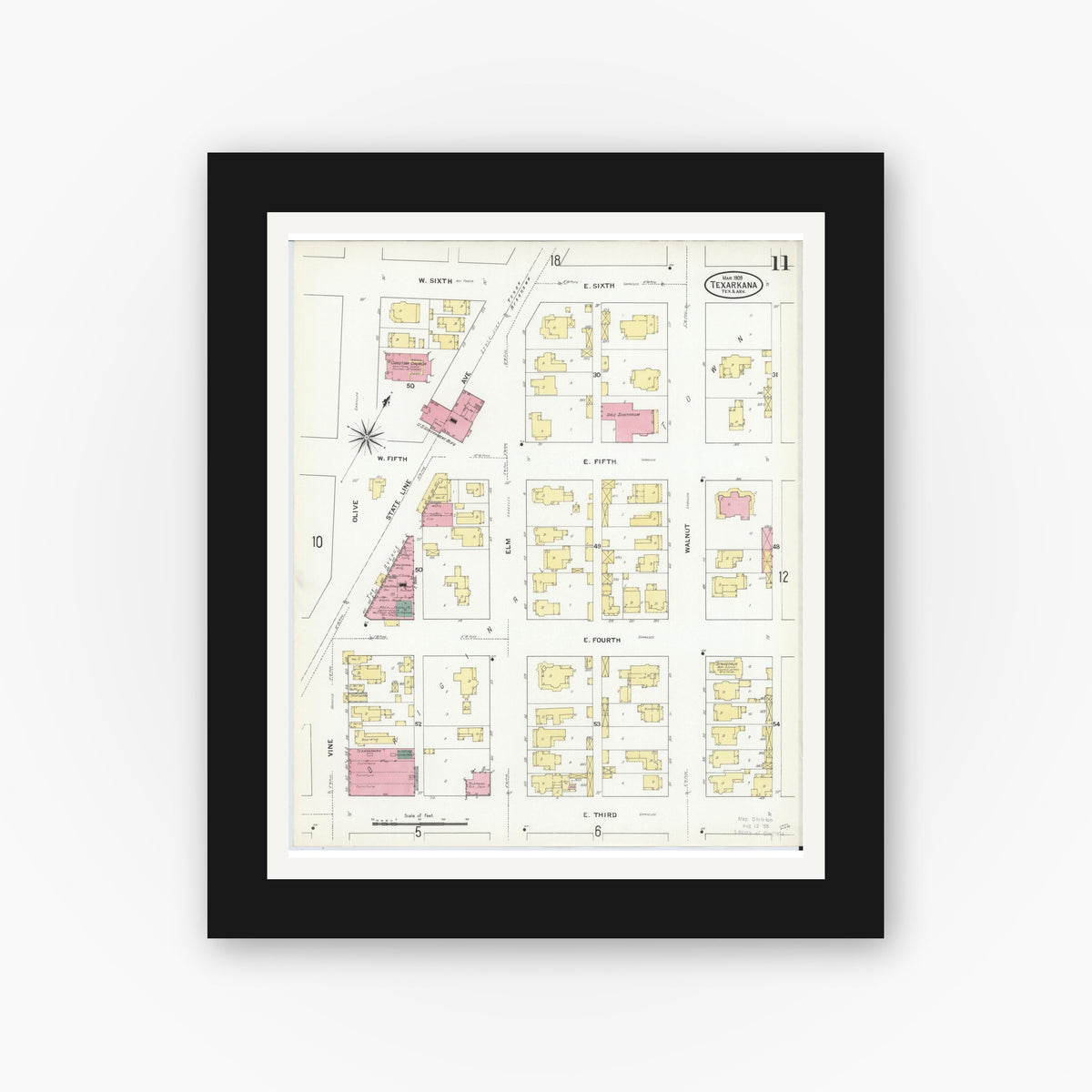 Old map wall art mockup — black gallery frame with white mat — Sanborn Fire Insurance Map from Texarkana, Bowie County, Texas (1909), Sheet #0011