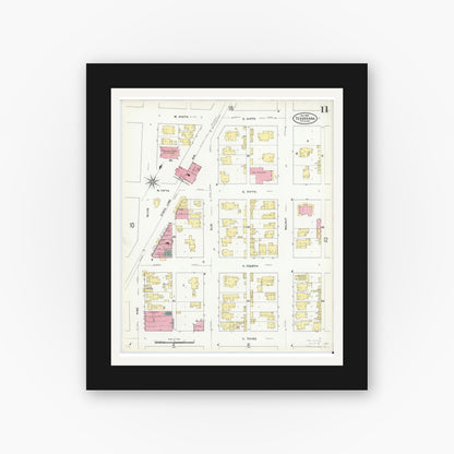 Old map wall art mockup — black gallery frame with white mat — Sanborn Fire Insurance Map from Texarkana, Bowie County, Texas (1909), Sheet #0011