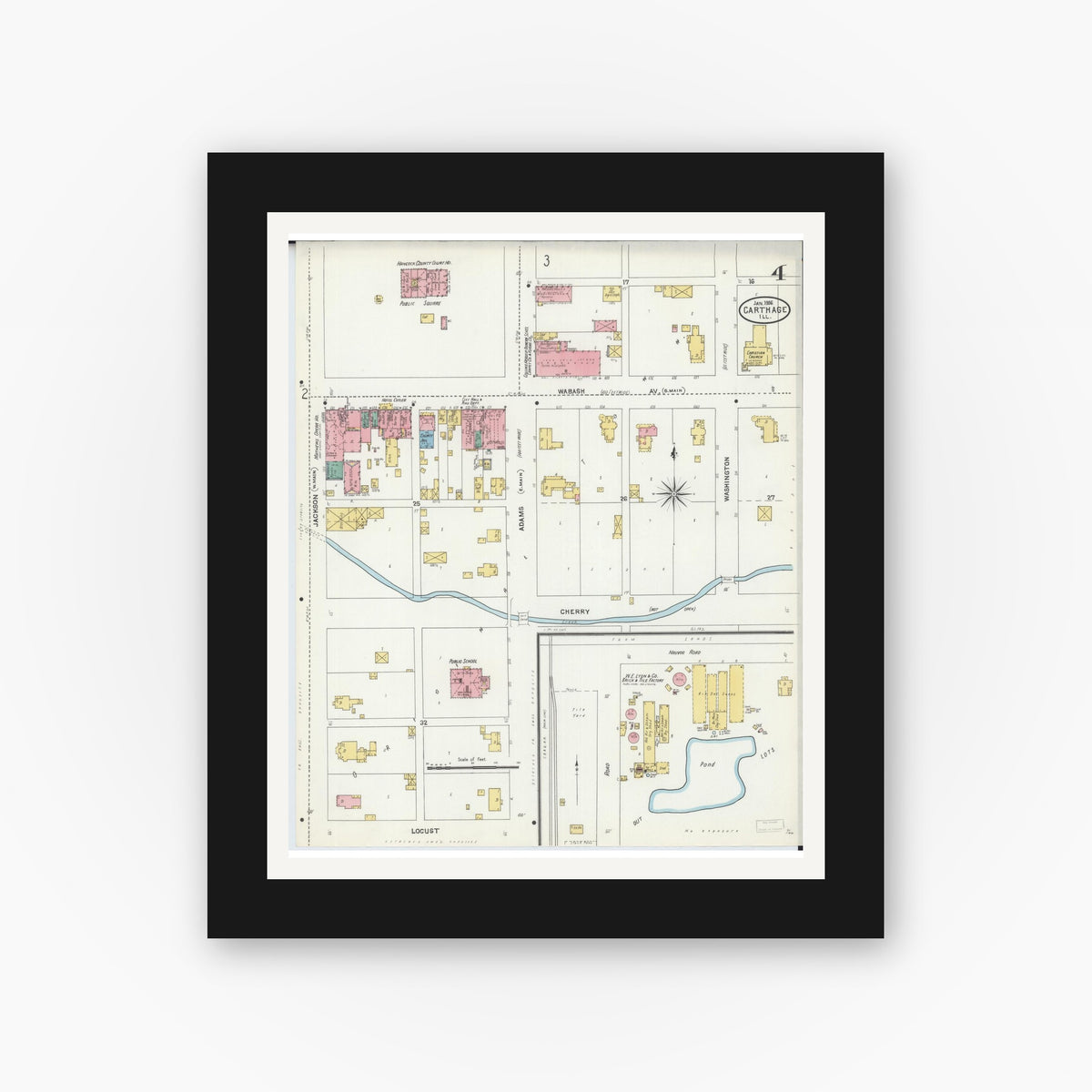 Old map wall art mockup — black gallery frame with white mat — Sanborn Fire Insurance Map from Carthage, Hancock County, Illinois (1906), Sheet #0004