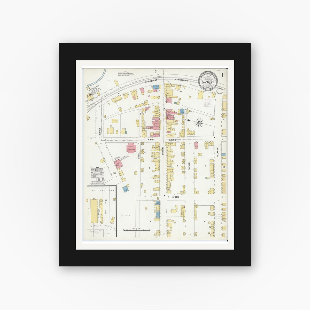 Old map wall art mockup — black gallery frame with white mat — Sanborn Fire Insurance Map from Tremont, Schuylkill County, Pennsylvania (1902), Sheet #0001