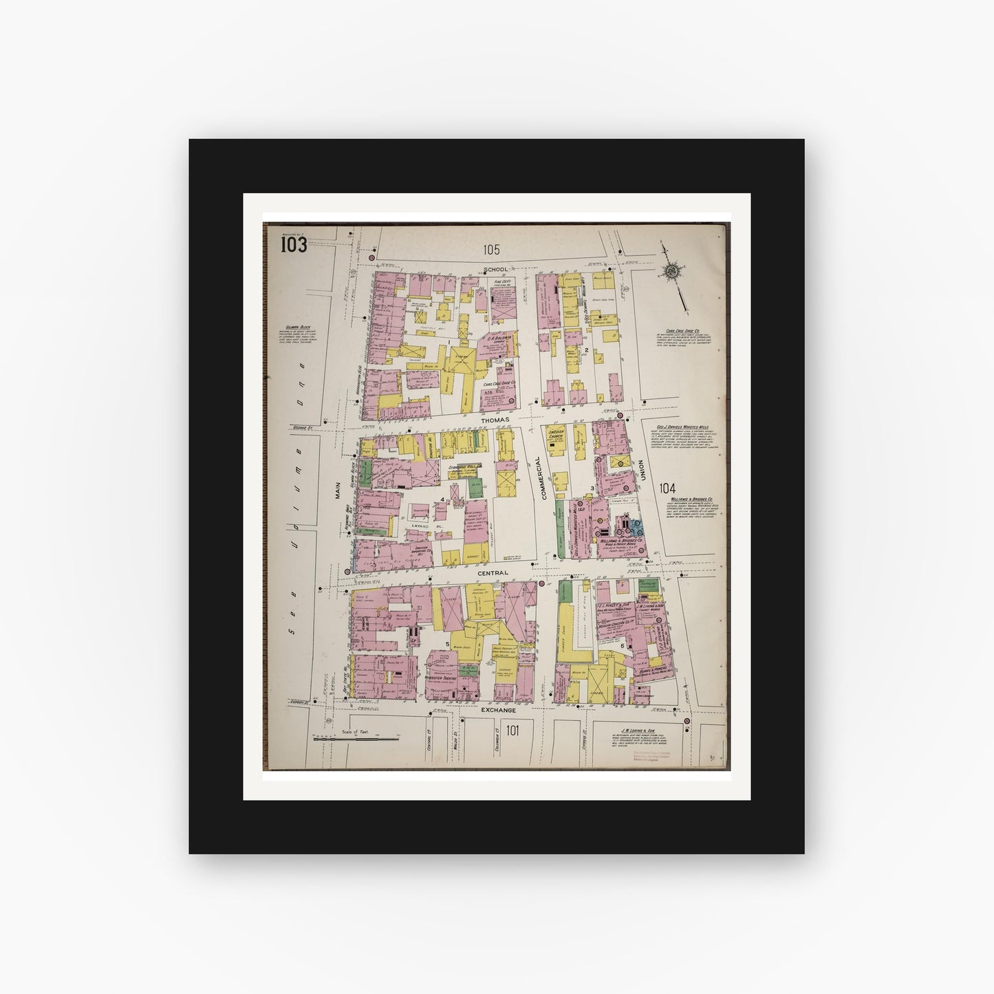 Old map wall art mockup — black gallery frame with white mat — Sanborn Fire Insurance Map from Worcester, Worcester County, Massachusetts (1910), Sheet #0103
