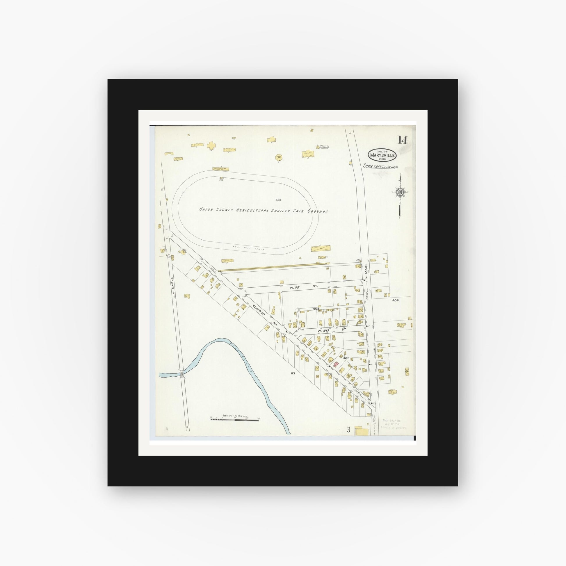 Old map wall art mockup — black gallery frame with white mat — Sanborn Fire Insurance Map from Marysville, Union County, Ohio (1916), Sheet #0014