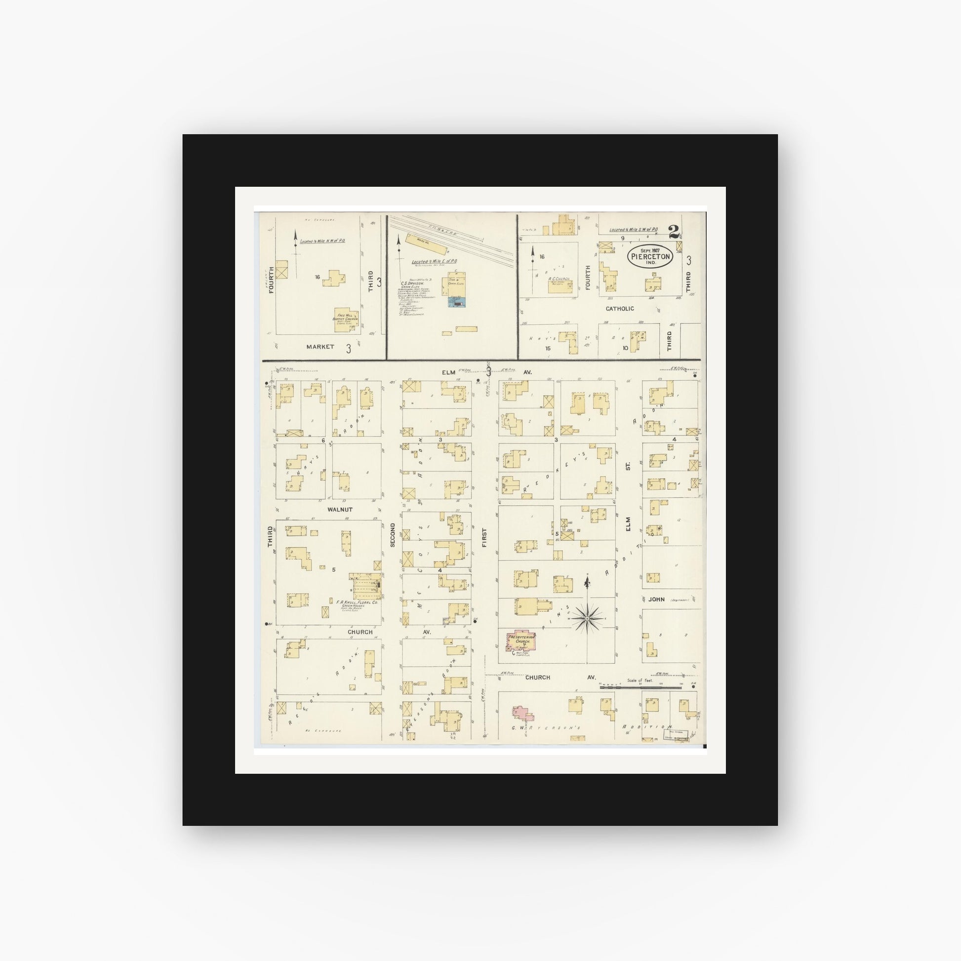 Old map wall art mockup — black gallery frame with white mat — Sanborn Fire Insurance Map from Pierceton, Kosciusko County, Indiana (1907), Sheet #0002