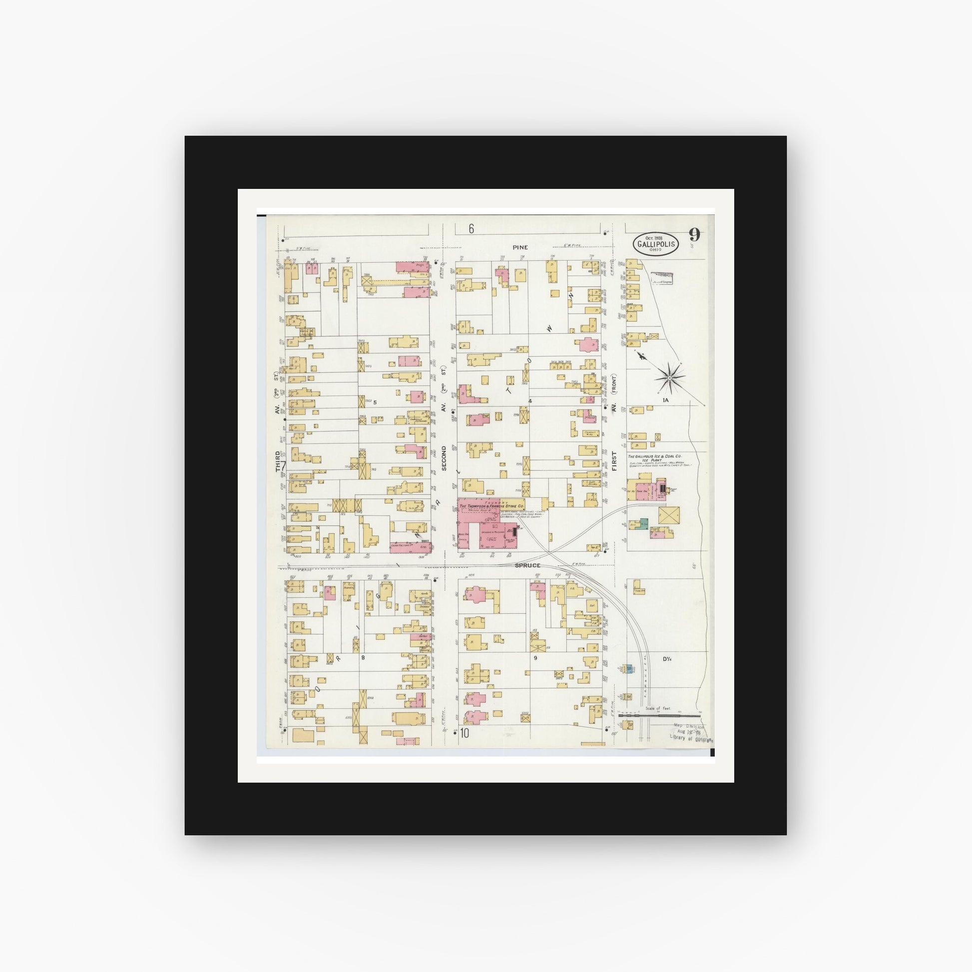 Old map wall art mockup — black gallery frame with white mat — Sanborn Fire Insurance Map from Gallipolis, Gallia County, Ohio (1908), Sheet #0009