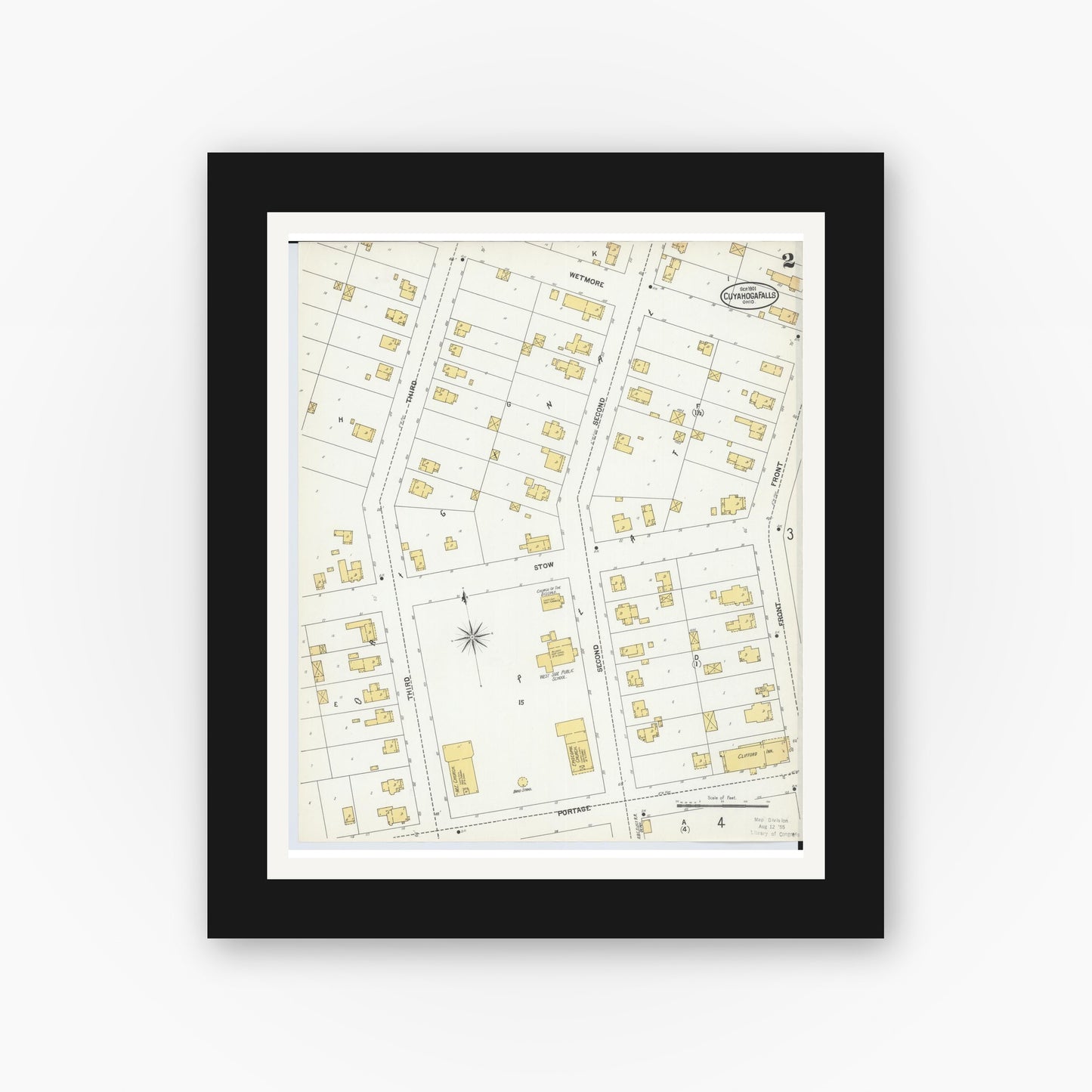 Old map wall art mockup — black gallery frame with white mat — Sanborn Fire Insurance Map from Cuyahoga Falls, Summit County, Ohio (1901), Sheet #0002