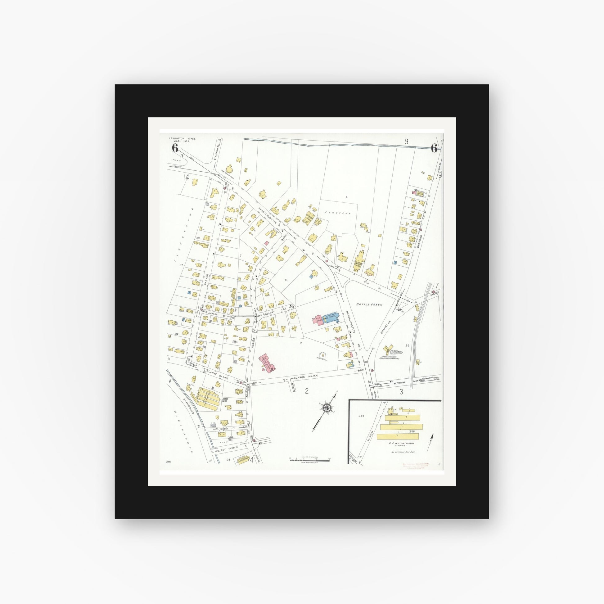 Old map wall art mockup — black gallery frame with white mat — Sanborn Fire Insurance Map from Lexington, Middlesex County, Massachusetts (1935), Sheet #0006