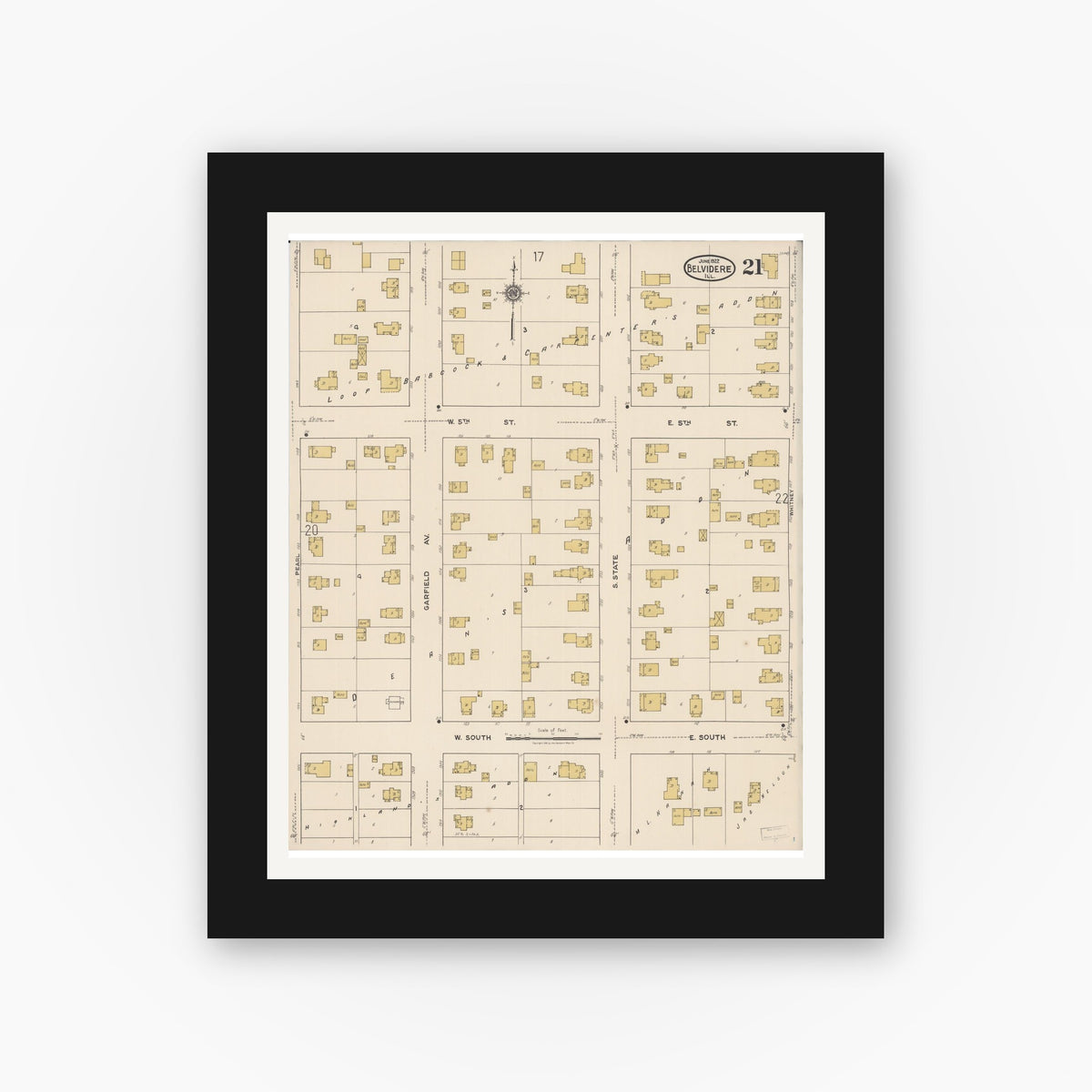 Old map wall art mockup — black gallery frame with white mat — Sanborn Fire Insurance Map from Belvidere, Boone County, Illinois (1922), Sheet #0021