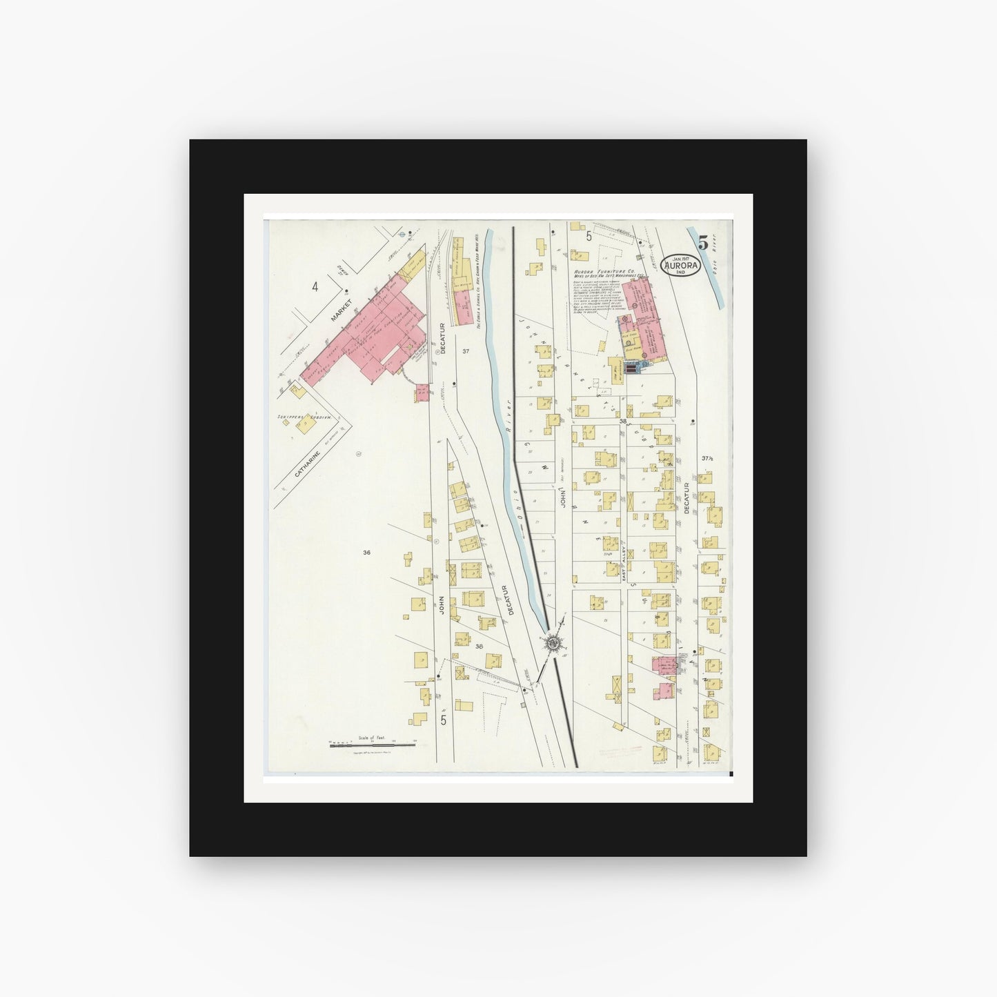 Old map wall art mockup — black gallery frame with white mat — Sanborn Fire Insurance Map from Aurora, Dearborn County, Indiana (1917), Sheet #0005