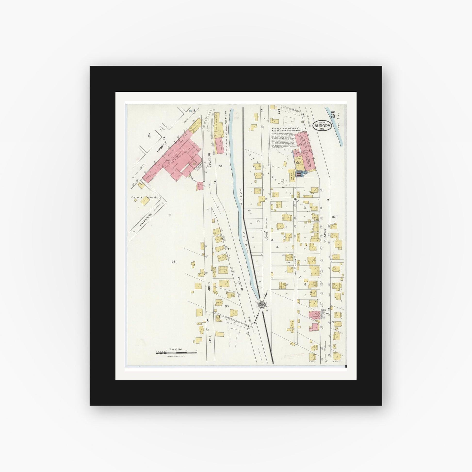 Old map wall art mockup — black gallery frame with white mat — Sanborn Fire Insurance Map from Aurora, Dearborn County, Indiana (1917), Sheet #0005