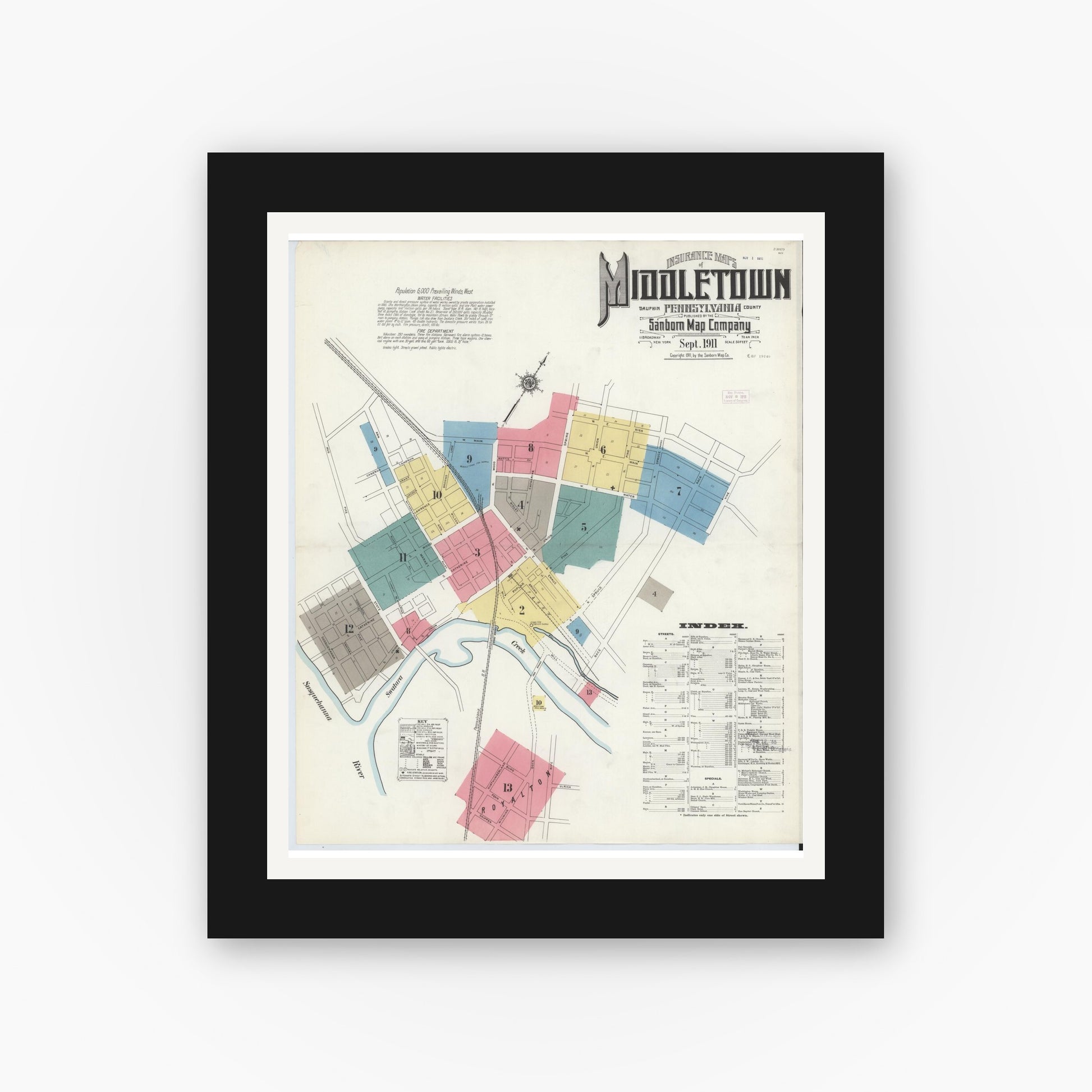 Old map wall art mockup — black gallery frame with white mat — Sanborn Fire Insurance Map from Middletown, Dauphin County, Pennsylvania (1911), Sheet #0001