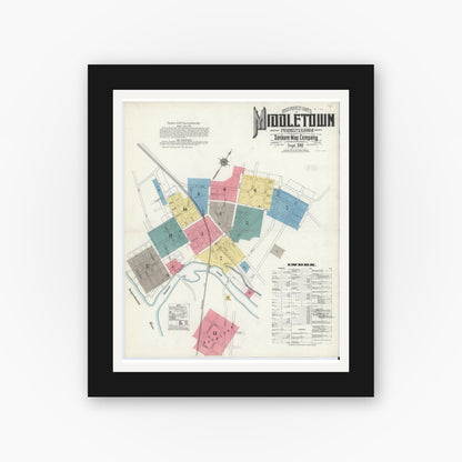 Old map wall art mockup — black gallery frame with white mat — Sanborn Fire Insurance Map from Middletown, Dauphin County, Pennsylvania (1911), Sheet #0001