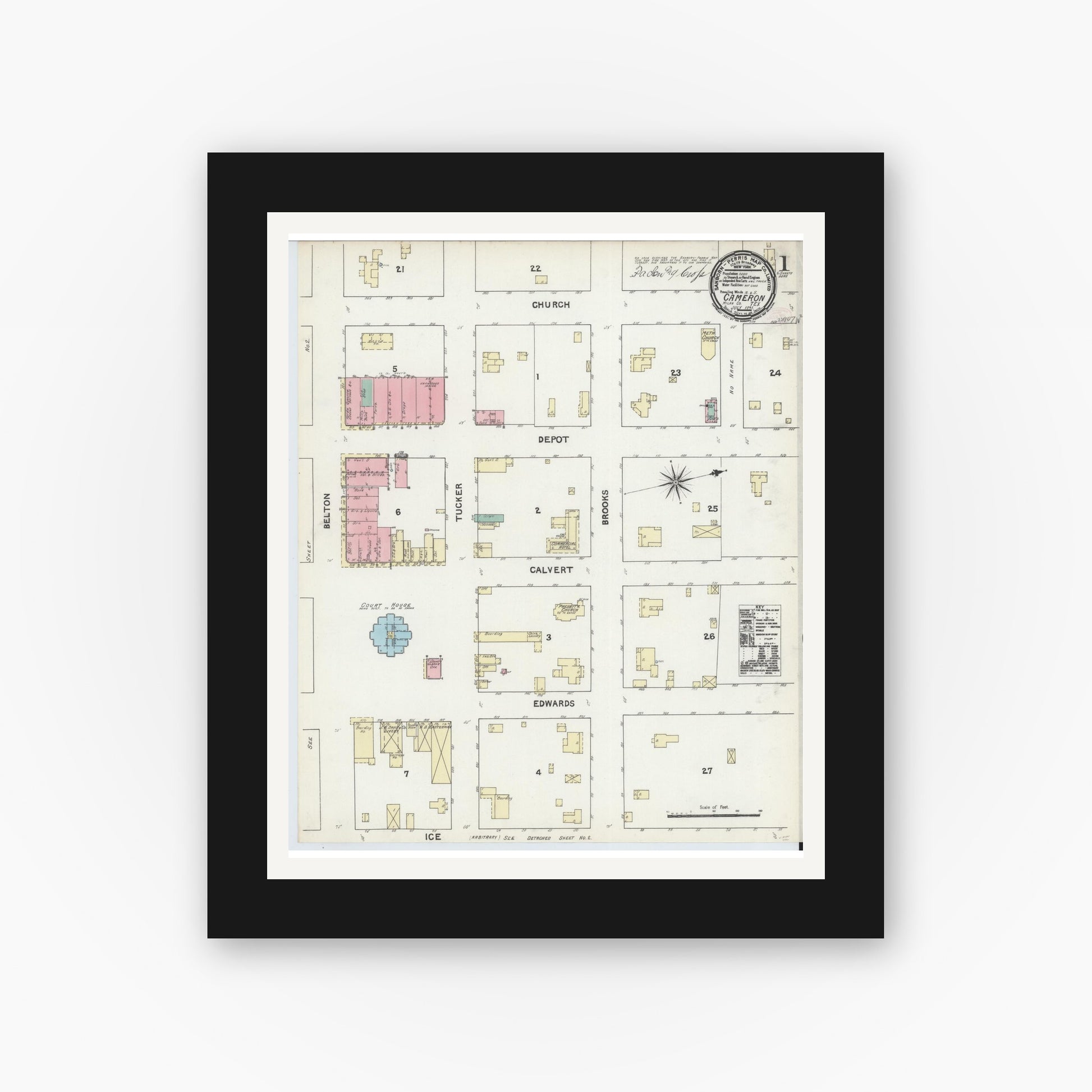 Old map wall art mockup — black gallery frame with white mat — Sanborn Fire Insurance Map from Cameron, Milam County, Texas (1891) - Complete Map Set
