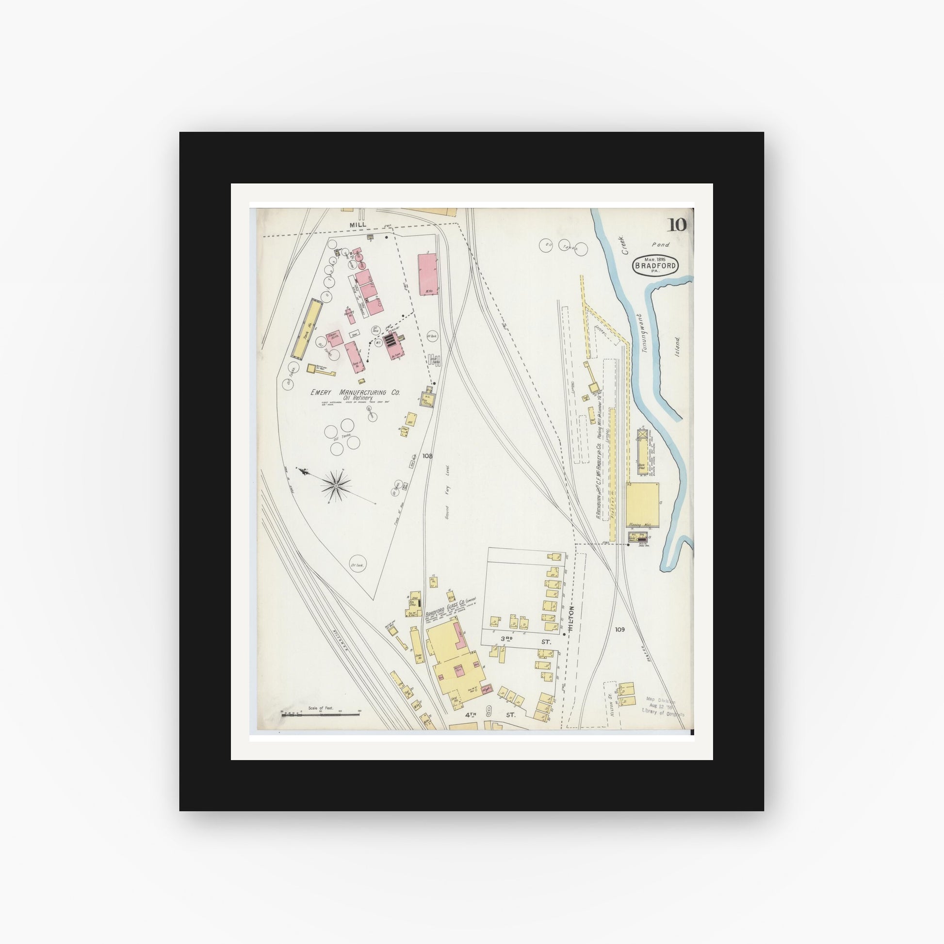 Old map wall art mockup — black gallery frame with white mat — Sanborn Fire Insurance Map from Bradford, McKean County, Pennsylvania (1895), Sheet #0010
