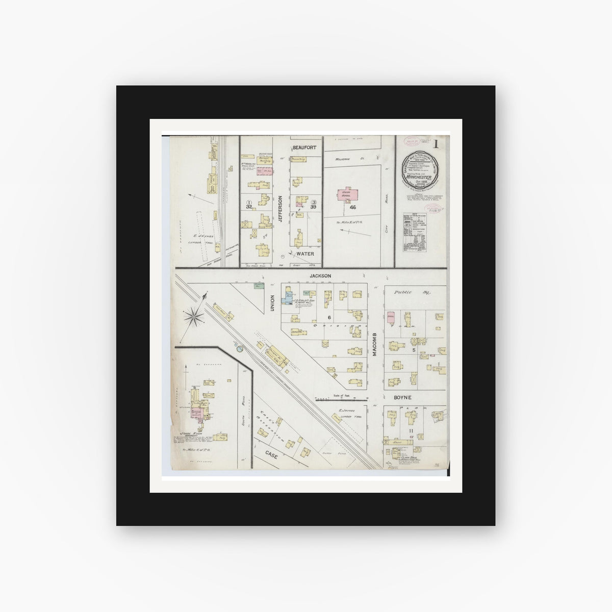 Old map wall art mockup — black gallery frame with white mat — Sanborn Fire Insurance Map from Manchester, Washtenaw County, Michigan (1888), Sheet #0001
