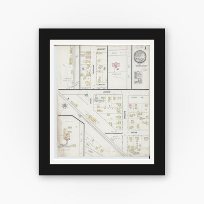 Old map wall art mockup — black gallery frame with white mat — Sanborn Fire Insurance Map from Manchester, Washtenaw County, Michigan (1888), Sheet #0001