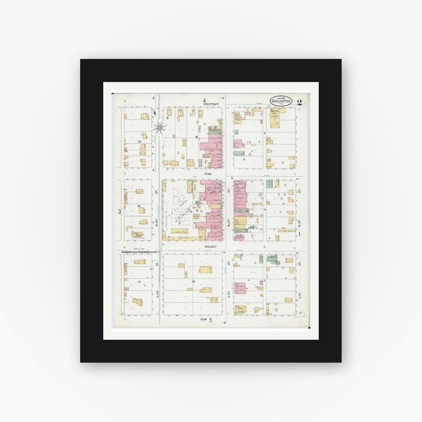 Old map wall art mockup — black gallery frame with white mat — Sanborn Fire Insurance Map from Chillicothe, Peoria County, Illinois (1899), Sheet #0002