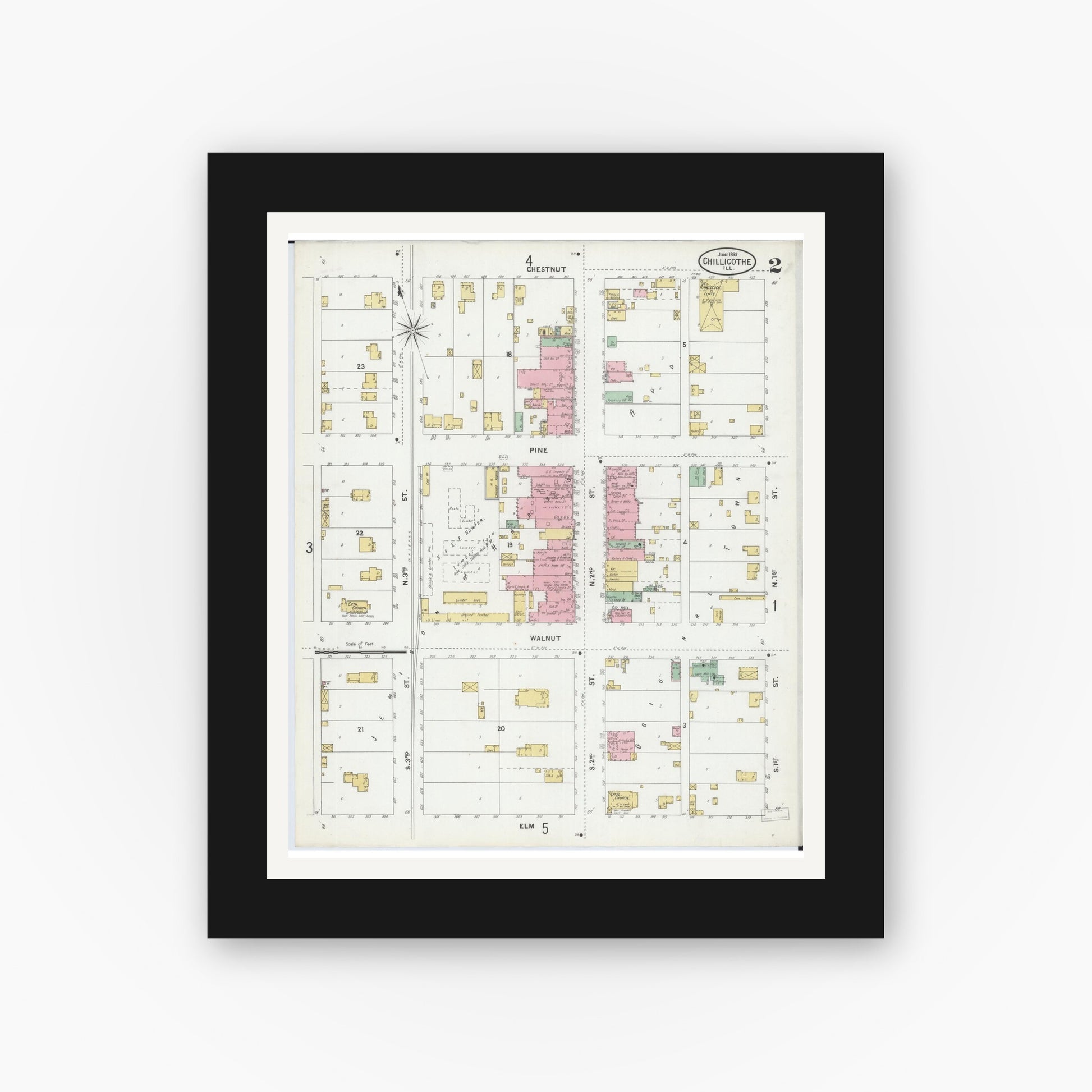 Old map wall art mockup — black gallery frame with white mat — Sanborn Fire Insurance Map from Chillicothe, Peoria County, Illinois (1899), Sheet #0002