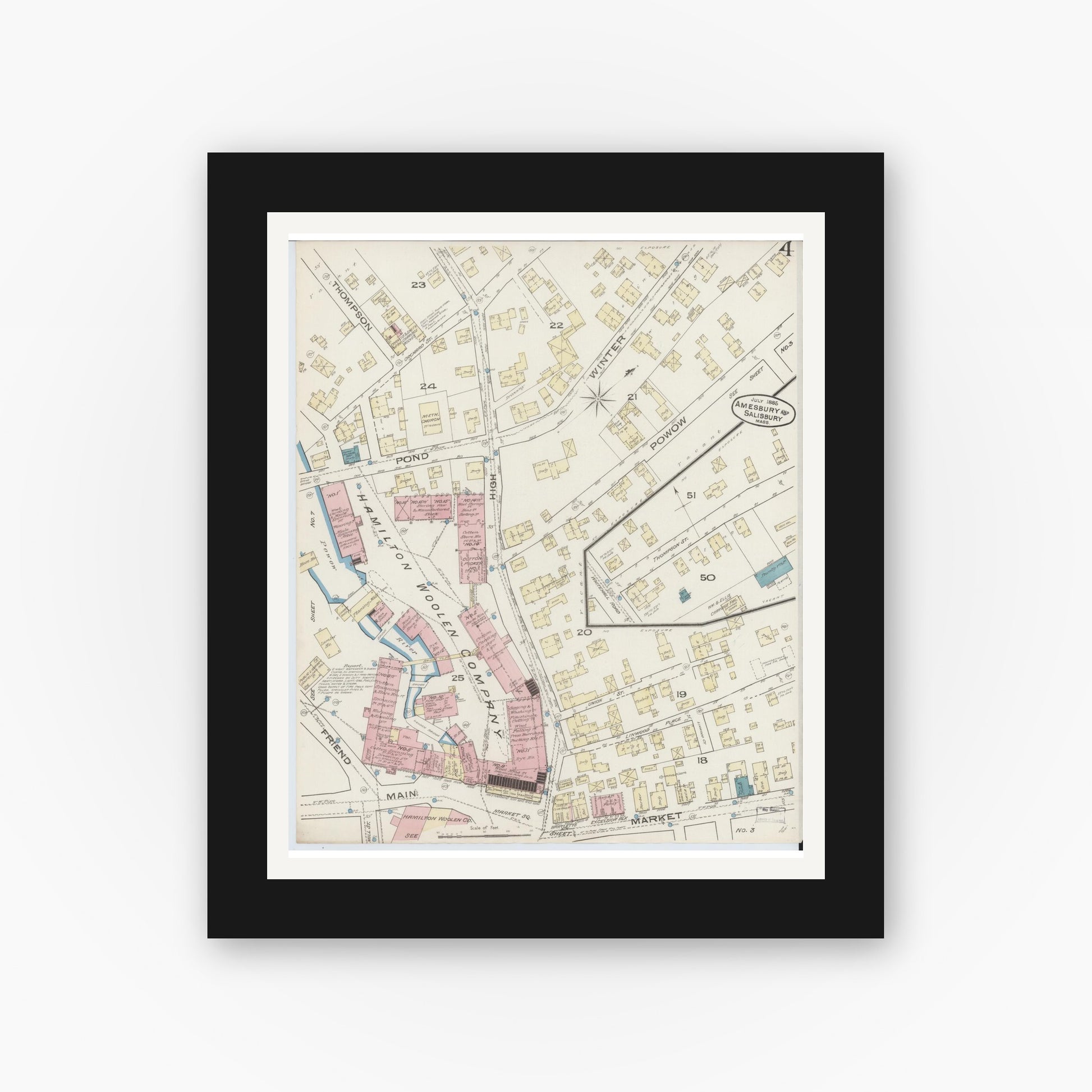 Old map wall art mockup — black gallery frame with white mat — Sanborn Fire Insurance Map from Amesbury, Essex County, Massachusetts (1885), Sheet #0004