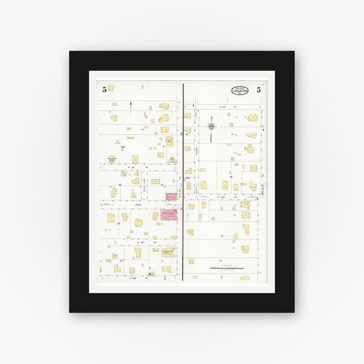 Old map wall art mockup — black gallery frame with white mat — Sanborn Fire Insurance Map from Lancaster, Dallas County, Texas (1928), Sheet #0005
