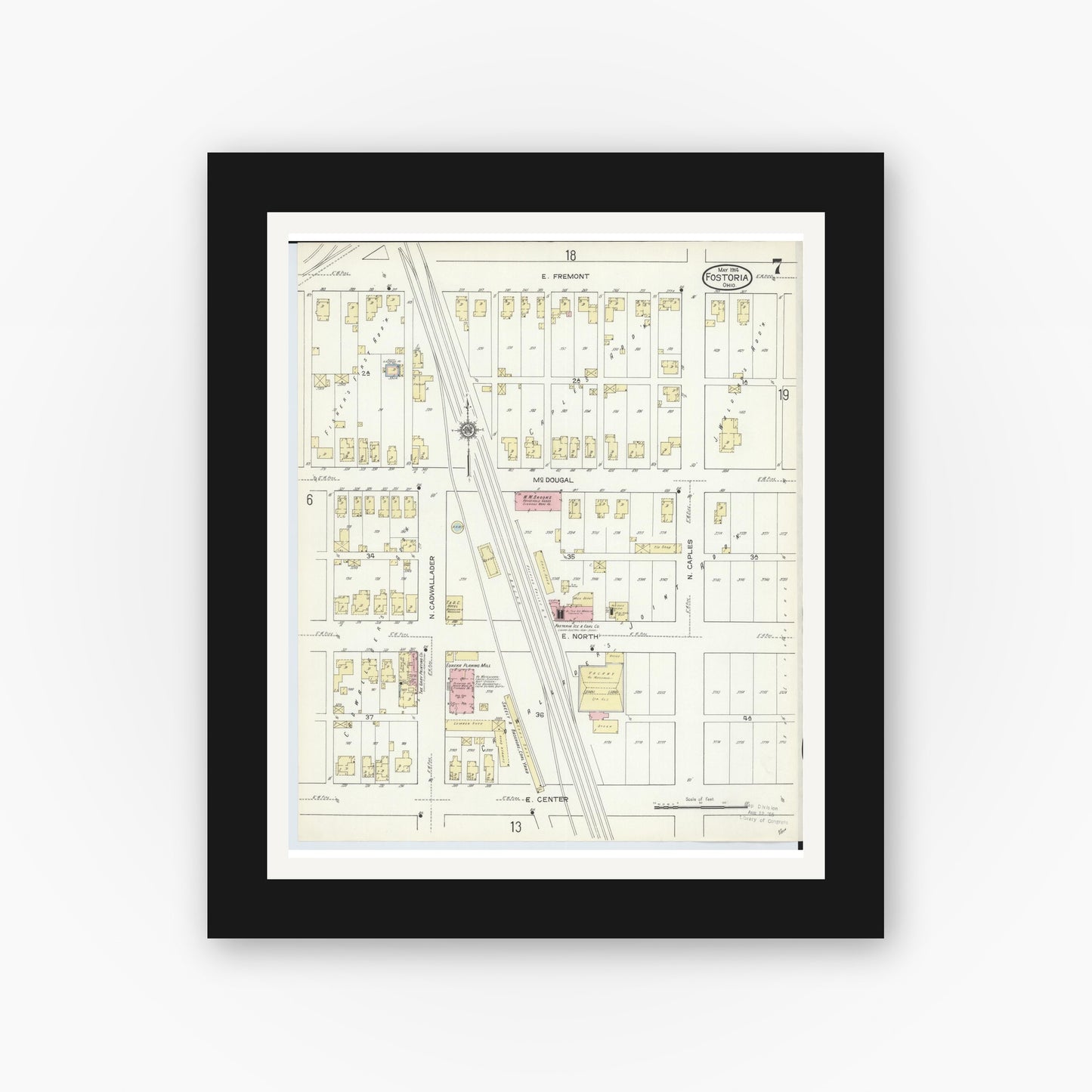 Old map wall art mockup — black gallery frame with white mat — Sanborn Fire Insurance Map from Fostoria, Seneca, Hancock, And Wood Counties, Ohio (1914), Sheet #0007