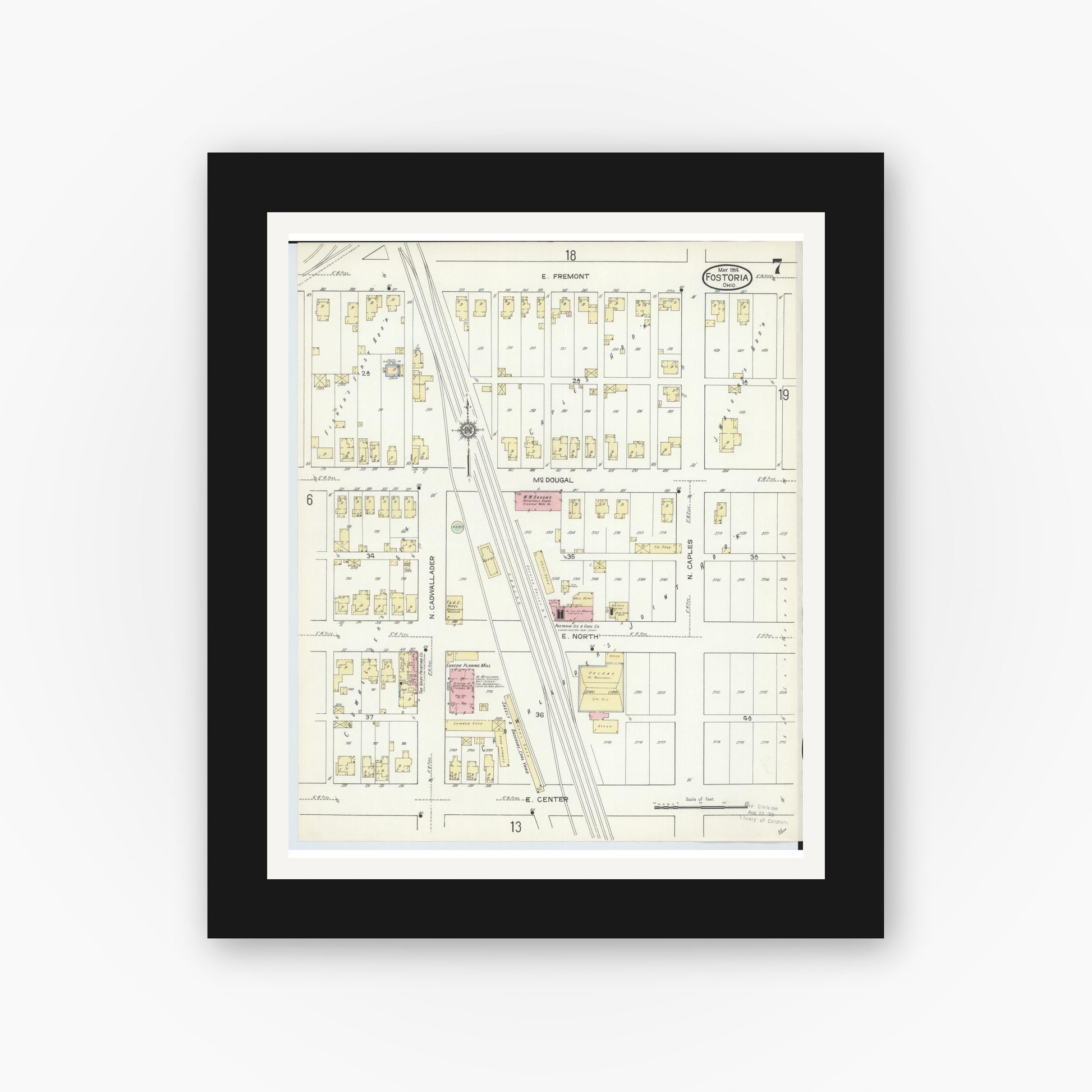 Old map wall art mockup — black gallery frame with white mat — Sanborn Fire Insurance Map from Fostoria, Seneca, Hancock, And Wood Counties, Ohio (1914), Sheet #0007