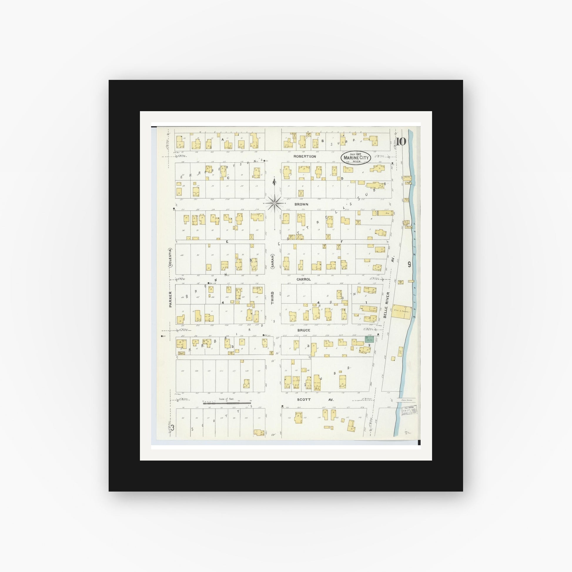 Old map wall art mockup — black gallery frame with white mat — Sanborn Fire Insurance Map from Marine City, Saint Clair County, Michigan (1907), Sheet #0010