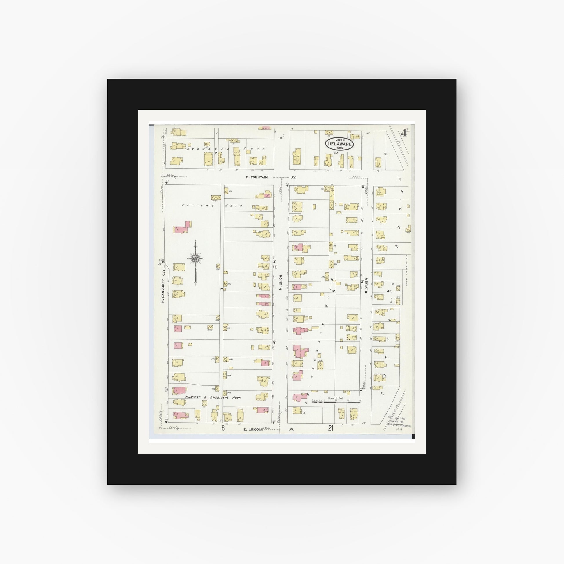 Old map wall art mockup — black gallery frame with white mat — Sanborn Fire Insurance Map from Delaware, Delaware County, Ohio (1911), Sheet #0004