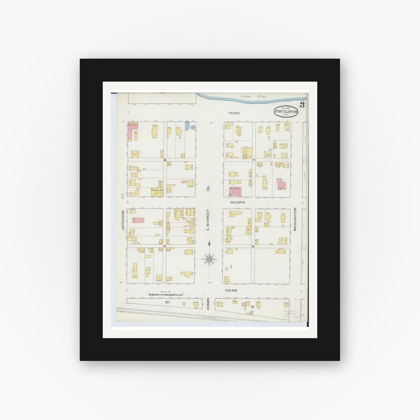 Old map wall art mockup — black gallery frame with white mat — Sanborn Fire Insurance Map from Port Clinton, Ottawa County, Ohio (1893), Sheet #0003