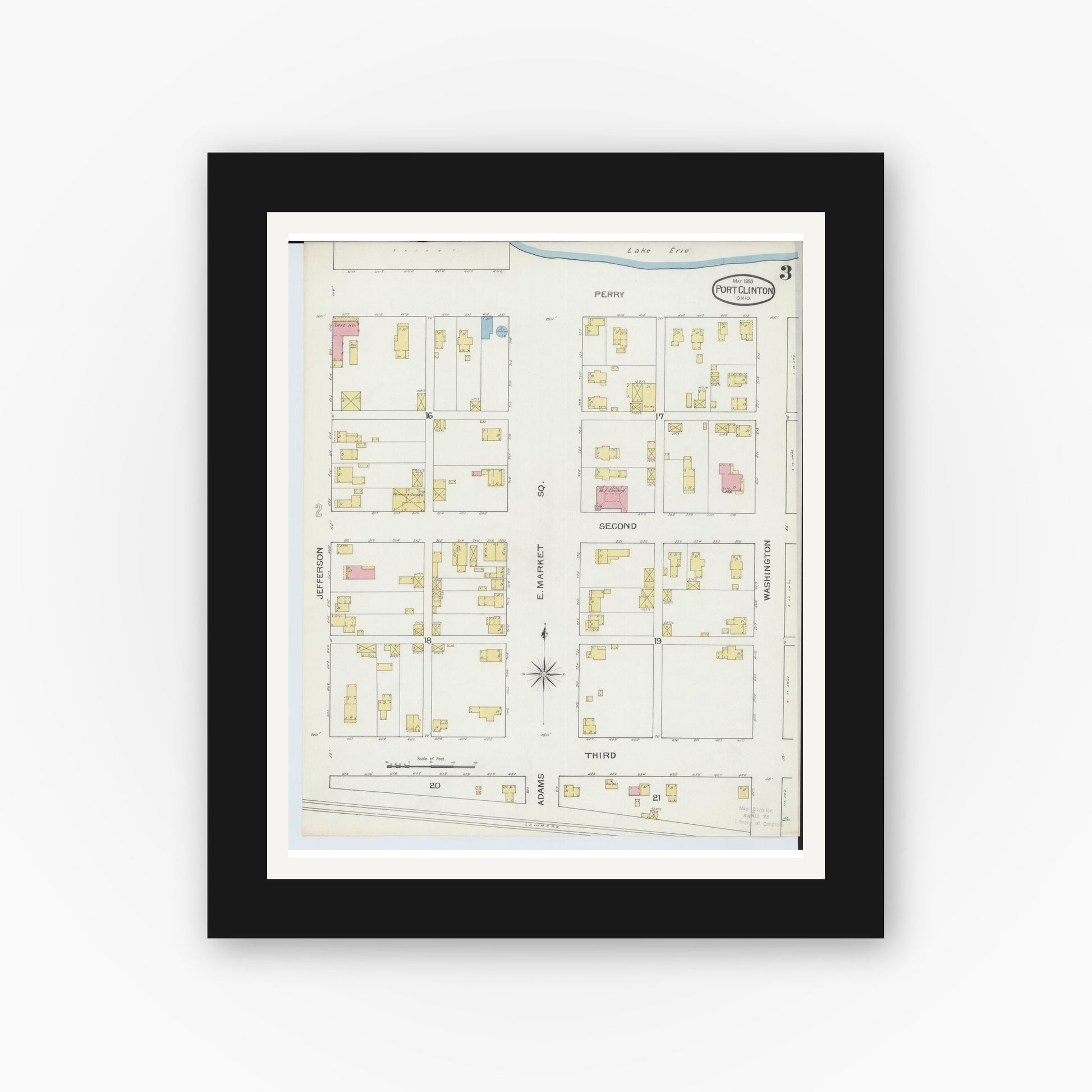 Old map wall art mockup — black gallery frame with white mat — Sanborn Fire Insurance Map from Port Clinton, Ottawa County, Ohio (1893), Sheet #0003