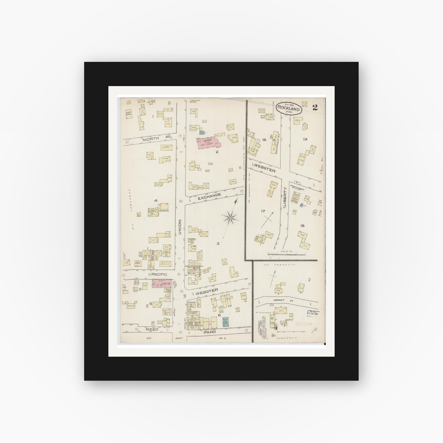 Old map wall art mockup — black gallery frame with white mat — Sanborn Fire Insurance Map from Rockland, Plymouth County, Massachusetts (1885), Sheet #0002