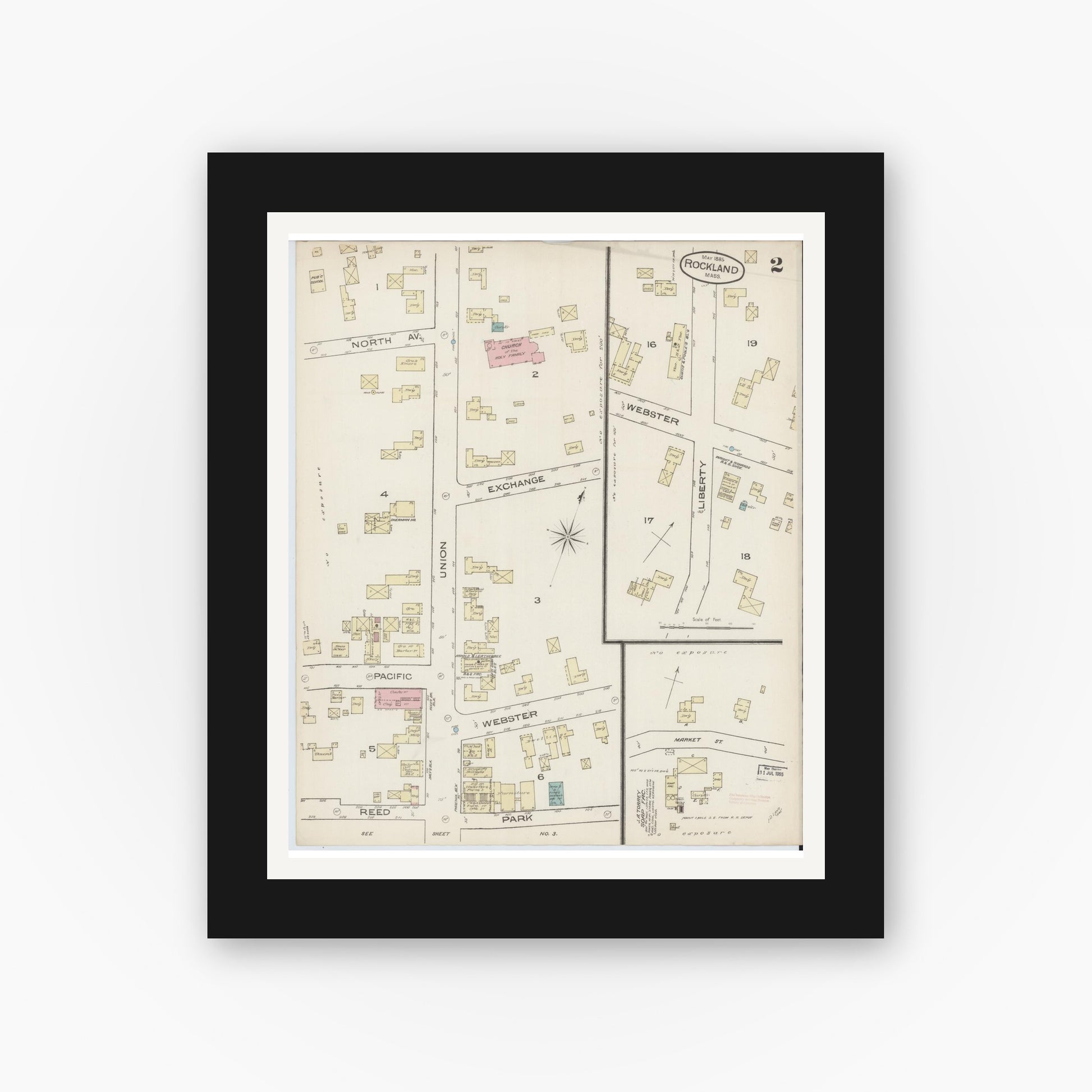 Old map wall art mockup — black gallery frame with white mat — Sanborn Fire Insurance Map from Rockland, Plymouth County, Massachusetts (1885), Sheet #0002