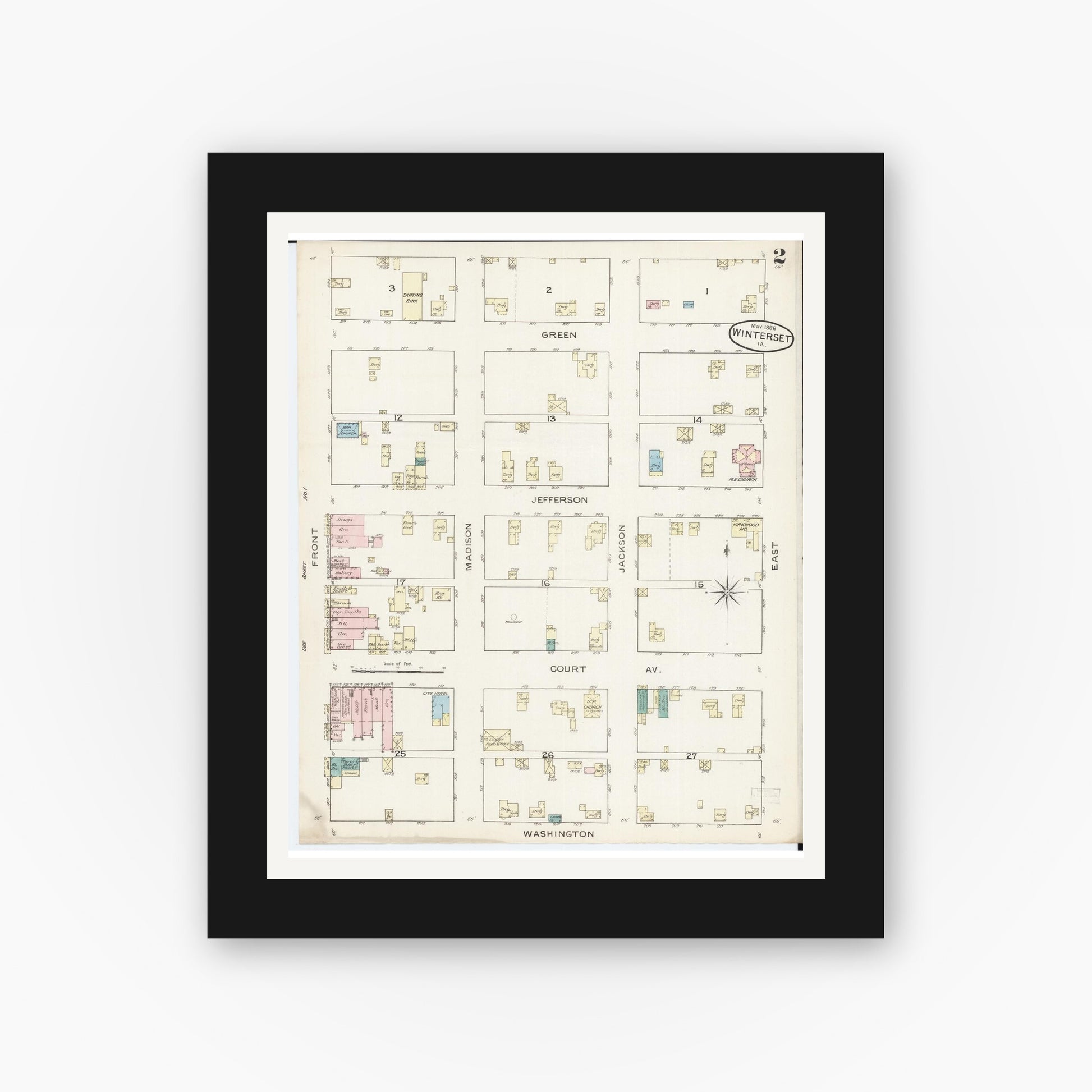 Old map wall art mockup — black gallery frame with white mat — Sanborn Fire Insurance Map from Winterset, Madison County, Iowa (1886), Sheet #0002