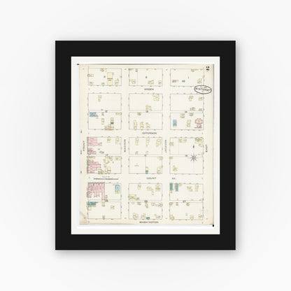 Old map wall art mockup — black gallery frame with white mat — Sanborn Fire Insurance Map from Winterset, Madison County, Iowa (1886), Sheet #0002