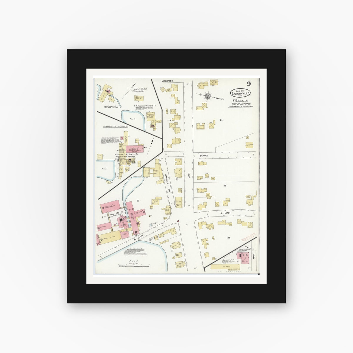 Old map wall art mockup — black gallery frame with white mat — Sanborn Fire Insurance Map from Baldwinville, Worcester County, Massachusetts (1912), Sheet #0009