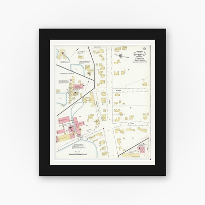 Old map wall art mockup — black gallery frame with white mat — Sanborn Fire Insurance Map from Baldwinville, Worcester County, Massachusetts (1912), Sheet #0009