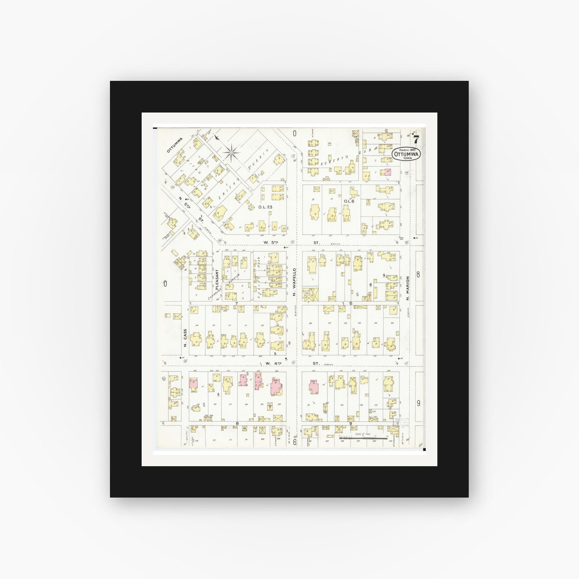 Old map wall art mockup — black gallery frame with white mat — Sanborn Fire Insurance Map from Ottumwa, Wapello County, Iowa (1897), Sheet #0007