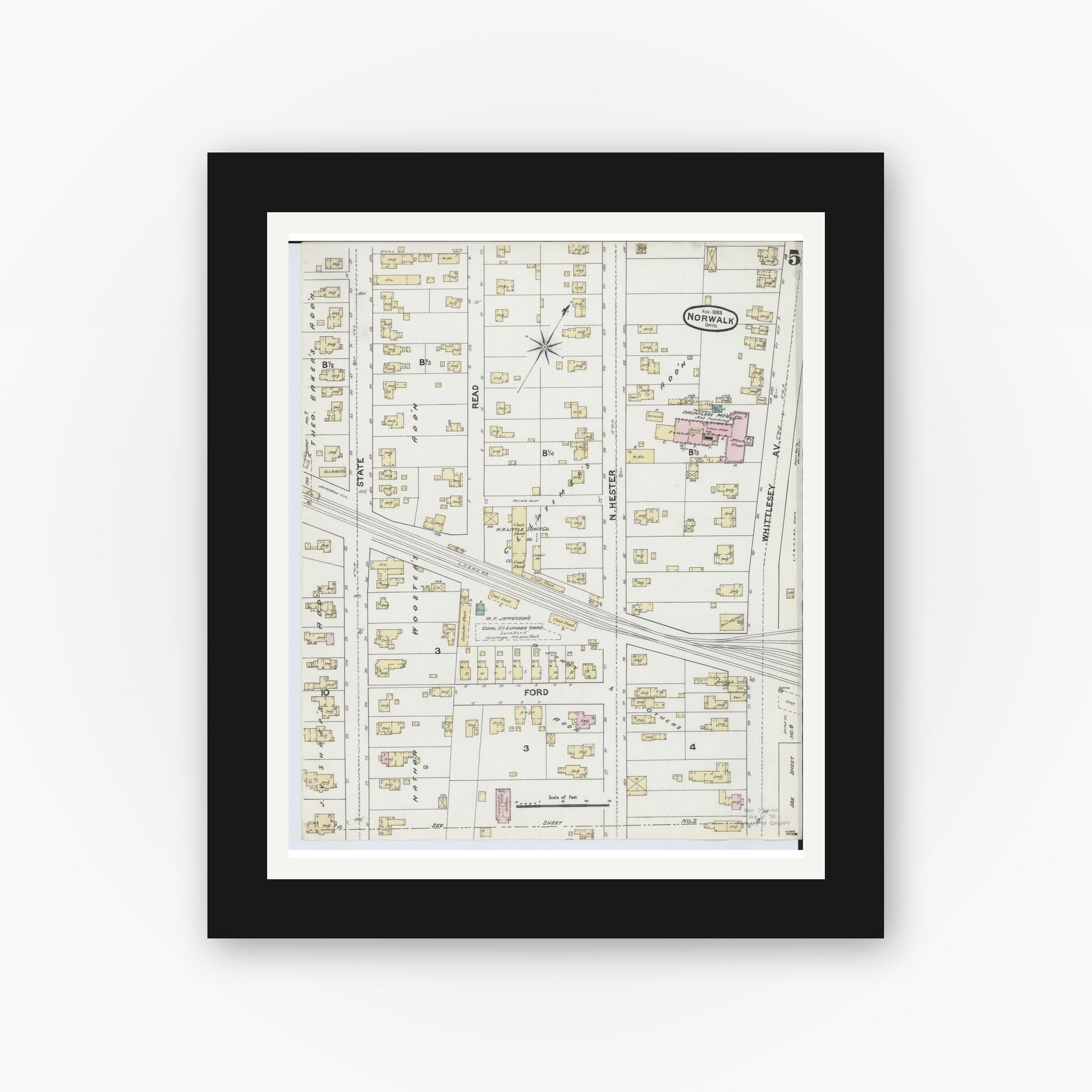 Old map wall art mockup — black gallery frame with white mat — Sanborn Fire Insurance Map from Norwalk, Huron County, Ohio (1888), Sheet #0005