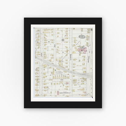 Old map wall art mockup — black gallery frame with white mat — Sanborn Fire Insurance Map from Norwalk, Huron County, Ohio (1888), Sheet #0005