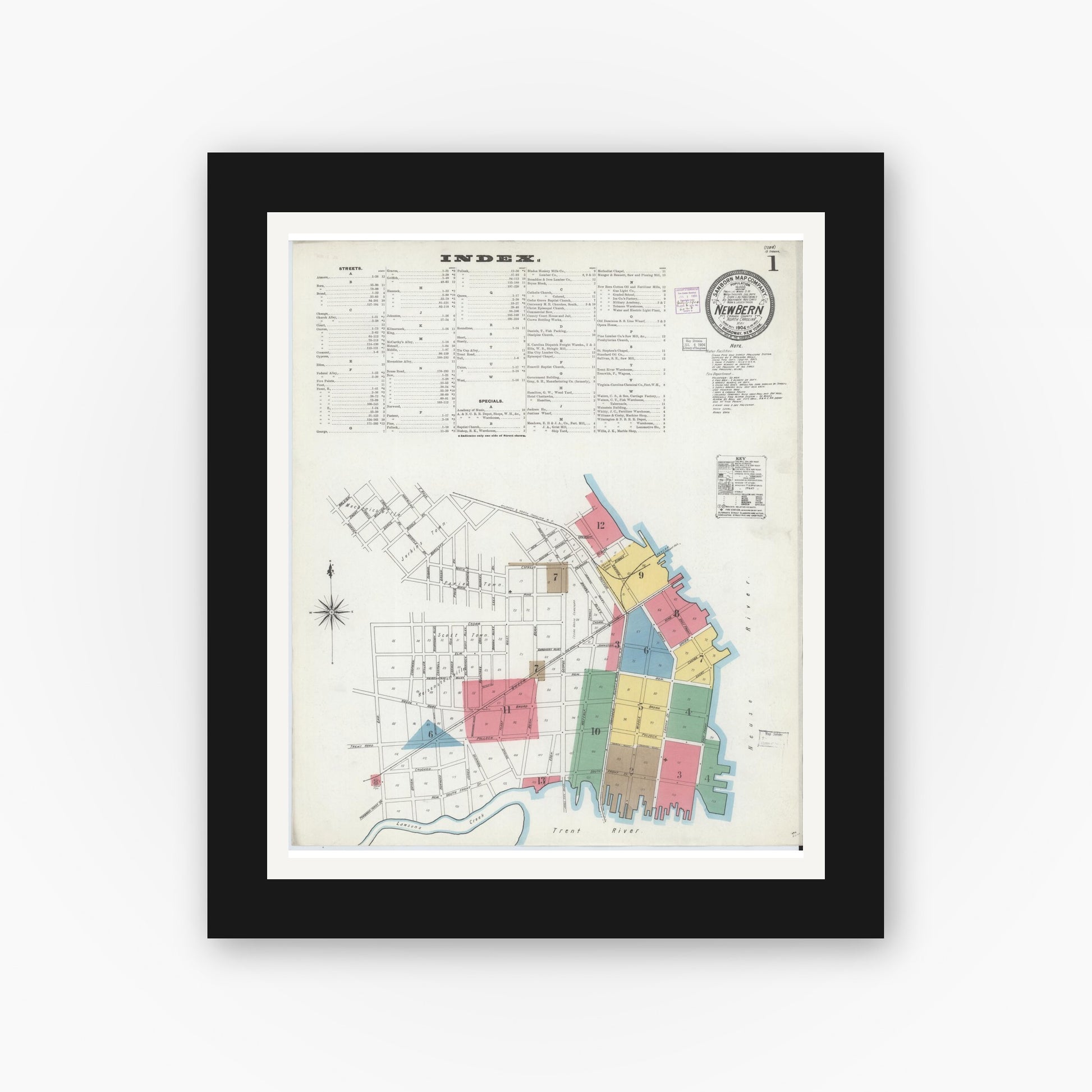 Old map wall art mockup — black gallery frame with white mat — Sanborn Fire Insurance Map from New Bern, Craven County, North Carolina (1904) - Complete Map Set