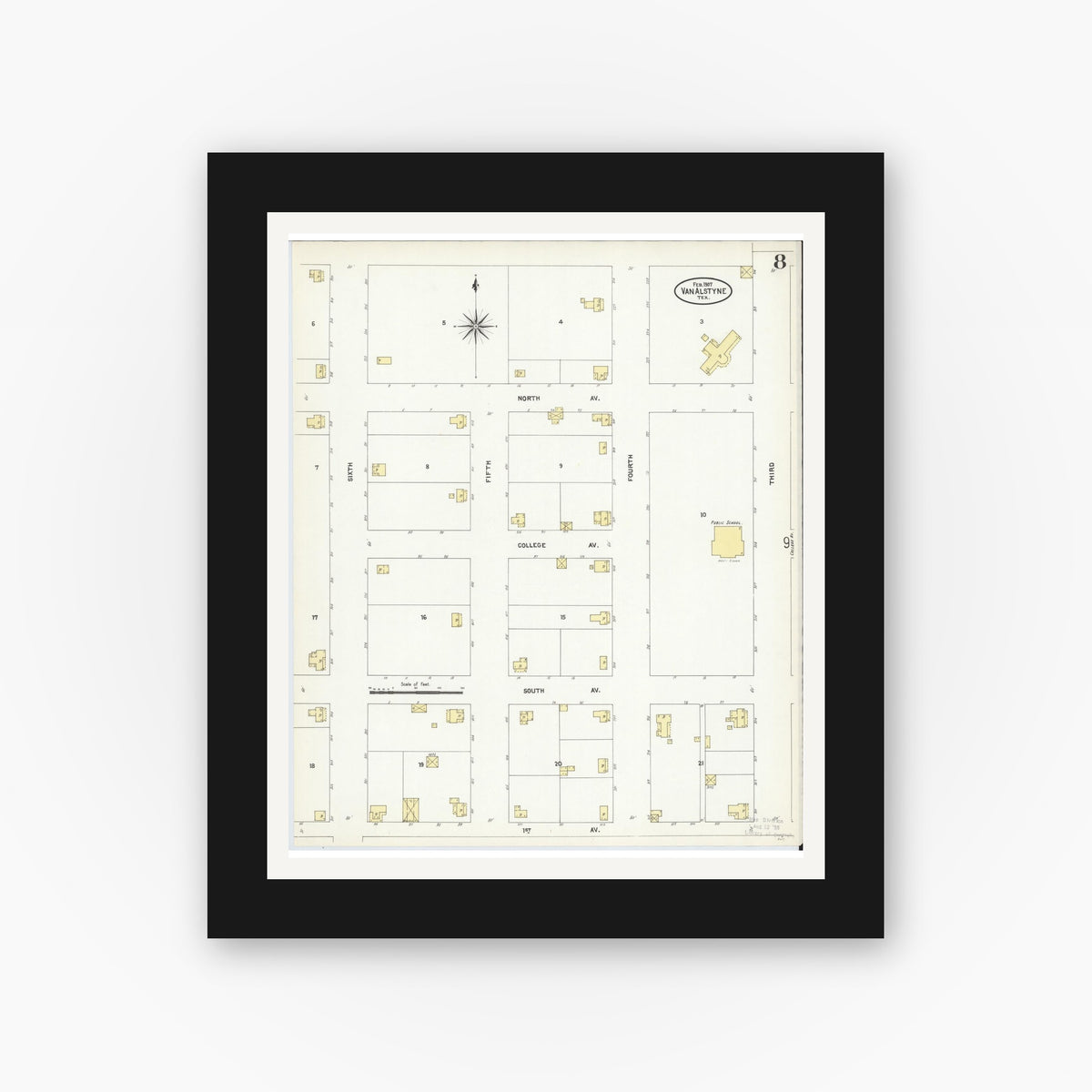 Old map wall art mockup — black gallery frame with white mat — Sanborn Fire Insurance Map from Van Alstyne, Grayson County, Texas (1907), Sheet #0008