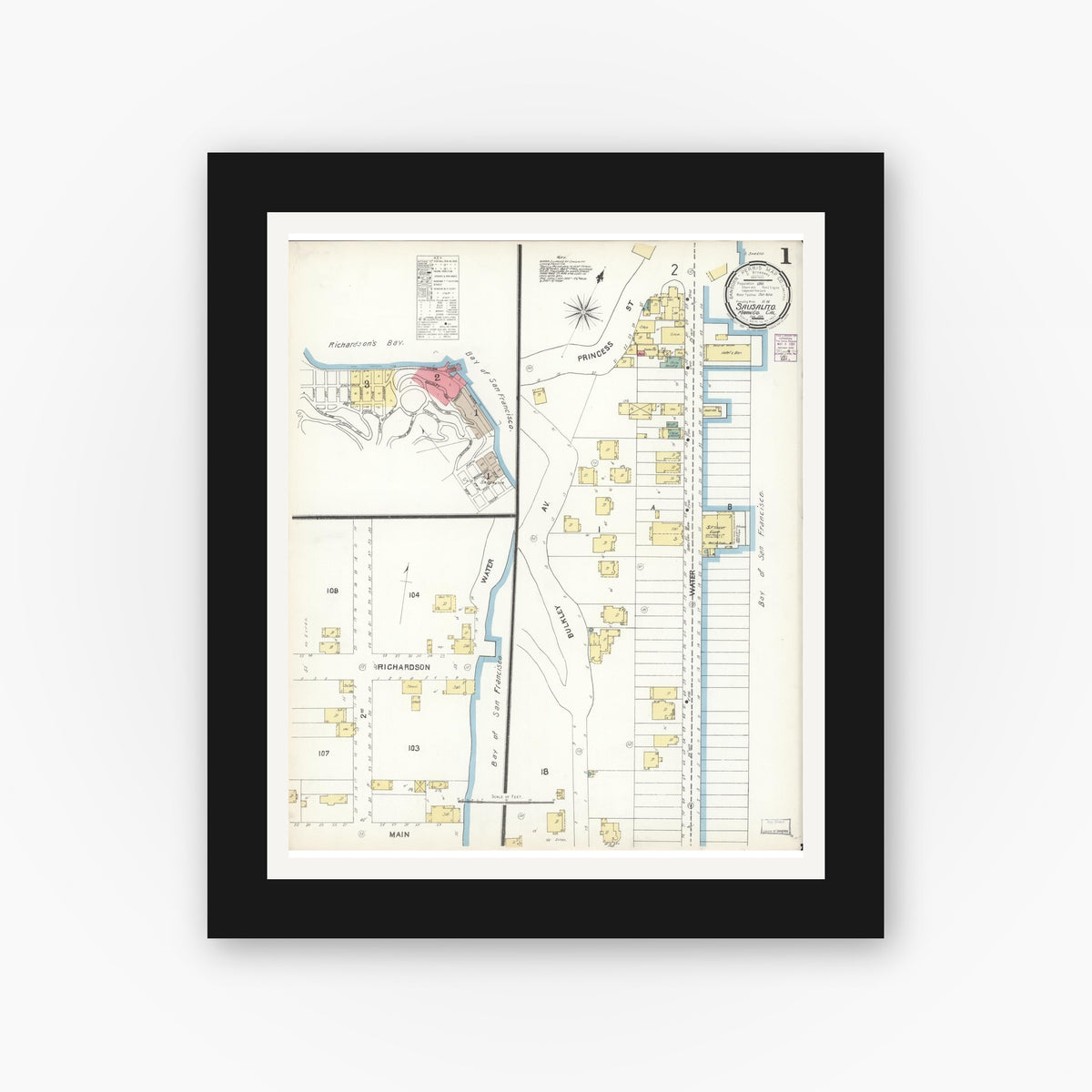 Old map wall art mockup — black gallery frame with white mat — Sanborn Fire Insurance Map from Sausalito, Marin County, California (1901) - Complete Map Set