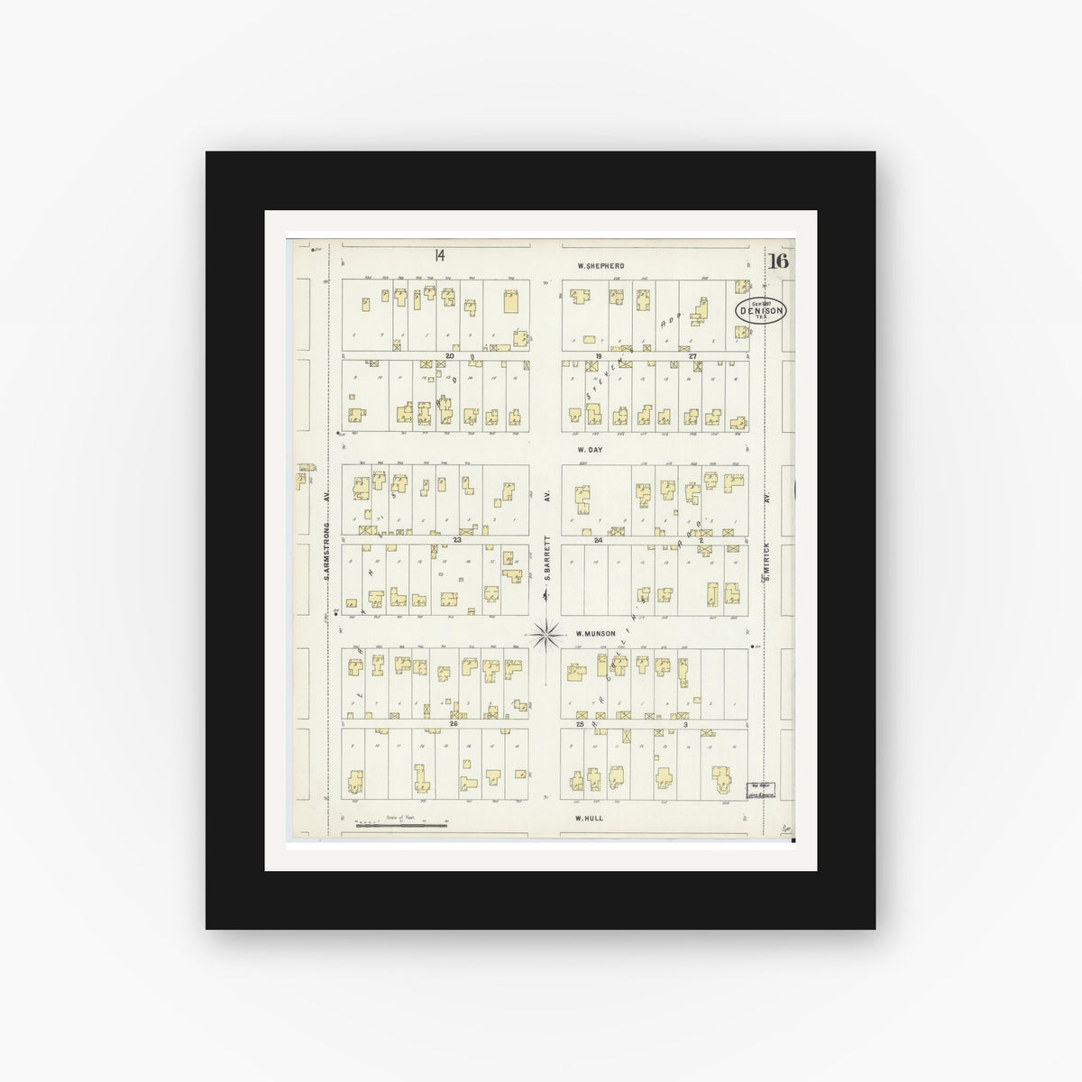 Old map wall art mockup — black gallery frame with white mat — Sanborn Fire Insurance Map from Denison, Grayson County, Texas (1897), Sheet #0016