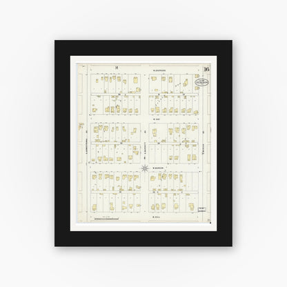 Old map wall art mockup — black gallery frame with white mat — Sanborn Fire Insurance Map from Denison, Grayson County, Texas (1897), Sheet #0016