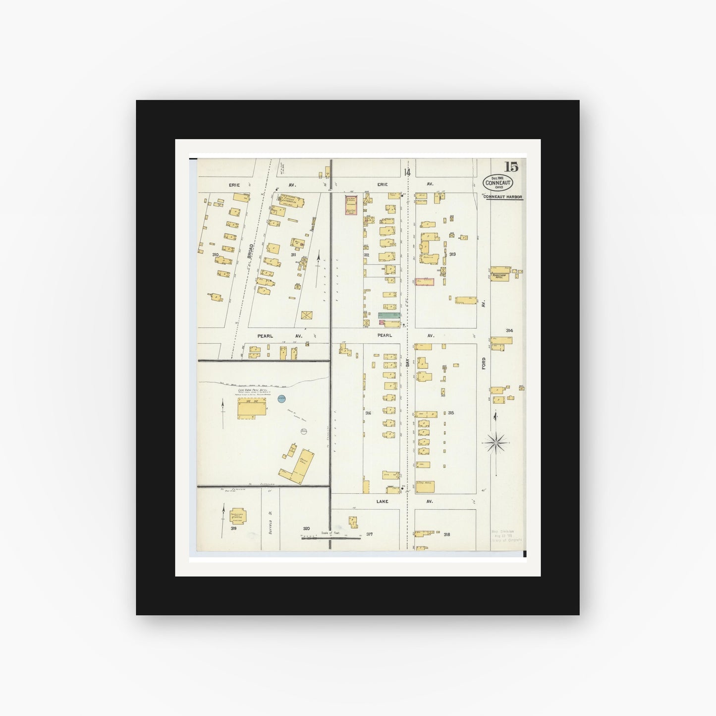 Old map wall art mockup — black gallery frame with white mat — Sanborn Fire Insurance Map from Conneaut, Ashtabula County, Ohio (1902), Sheet #0015